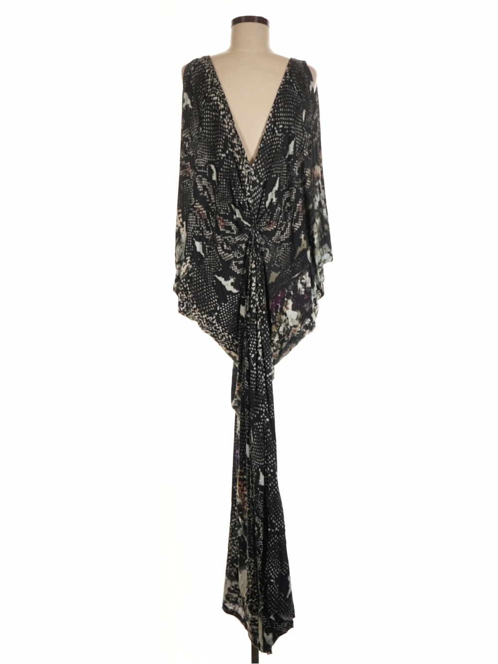 NEW JBD NEW YORK Black Grey Snakeskin Printed Draped Maxi Dress Zip Back Flowy